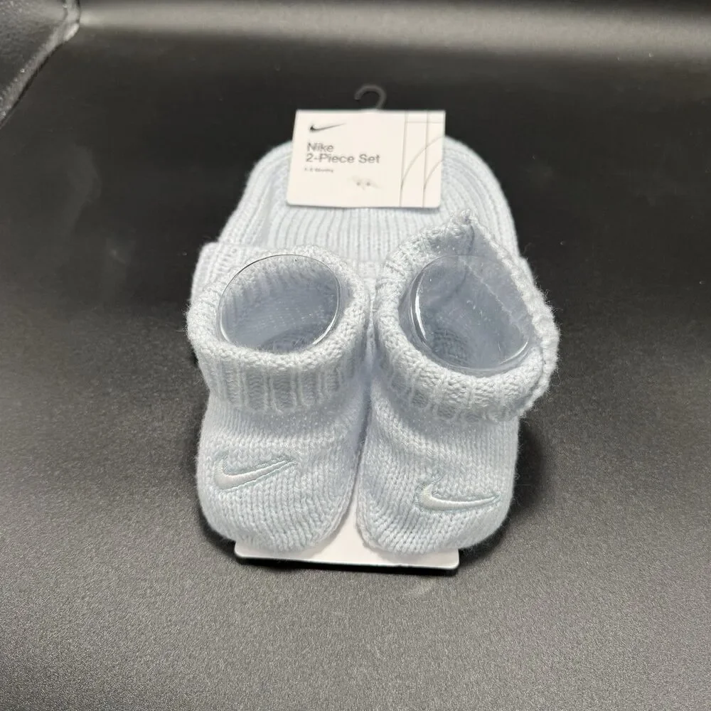 New Nike 2 Piece Set Beanie Booties Set 0-6 Months Blue Knit Pull On